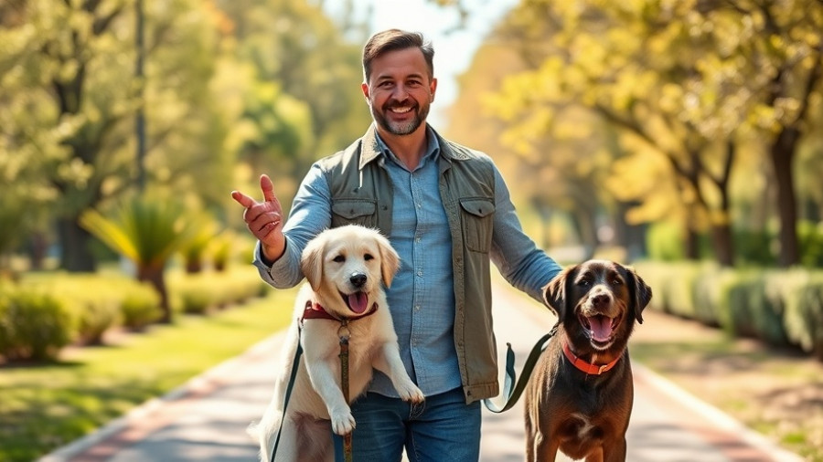 A man showing how to protect your dog from an off-leash dog in a park.