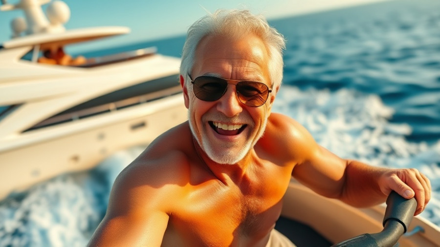 Older man enjoying a jet ski ride with a yacht in the background.