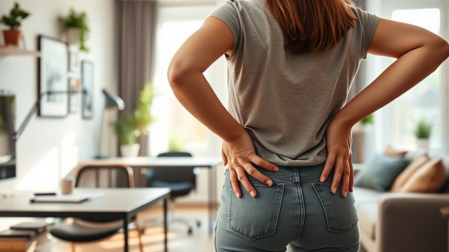 Woman experiencing back pain in home office - potentially fatal consequences of untreated UTIs.