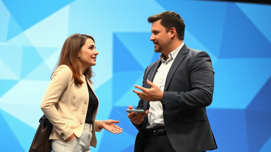 Business professionals discuss merger alternatives for firms on a blue stage.