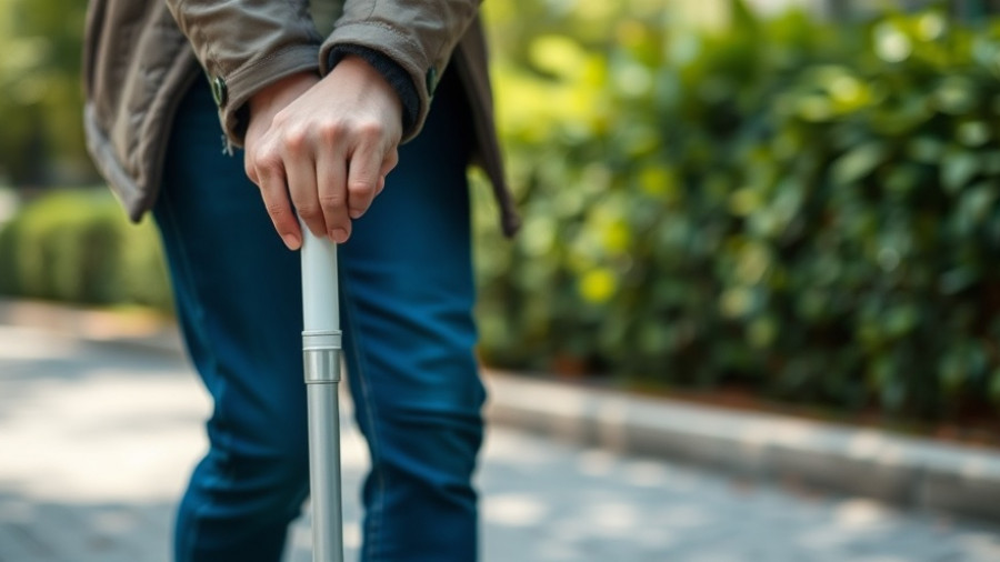 Person with a white cane walking outdoors in South Carolina.
