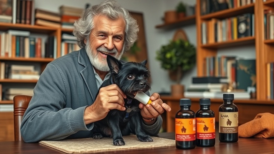 Elderly man showing dog dental care remedy in home office.