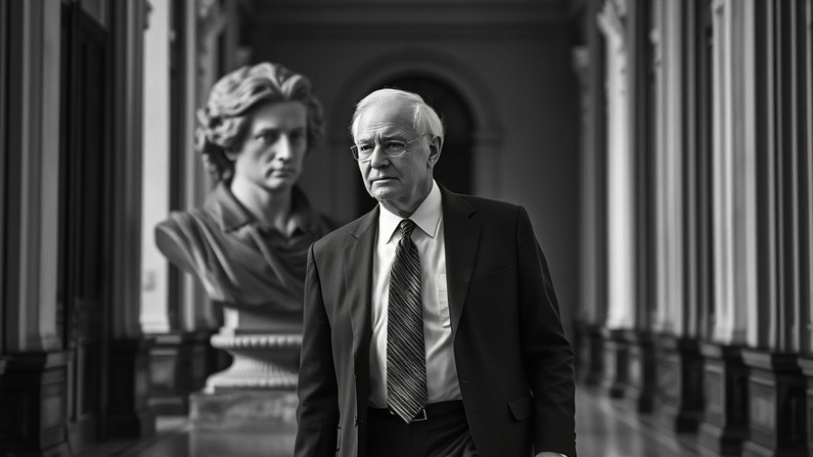 Older man in suit walking past statue bust.