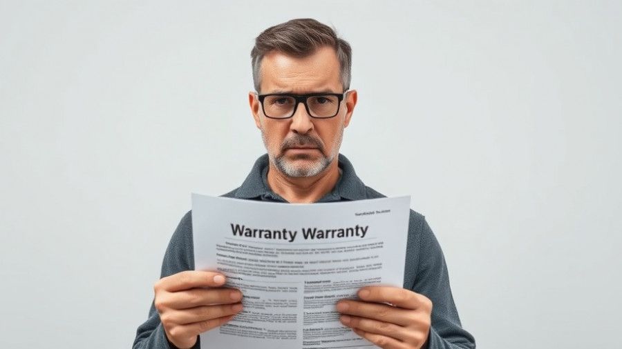 Concerned man holding roofing warranty document with serious expression.