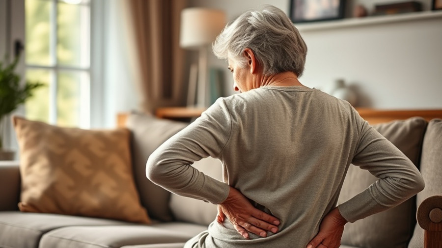 Elderly woman with lower back pain sitting on sofa in living room.