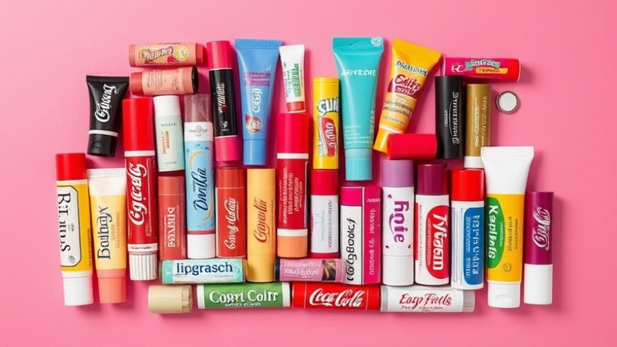 Assorted lip balms for dry lips on pink background.