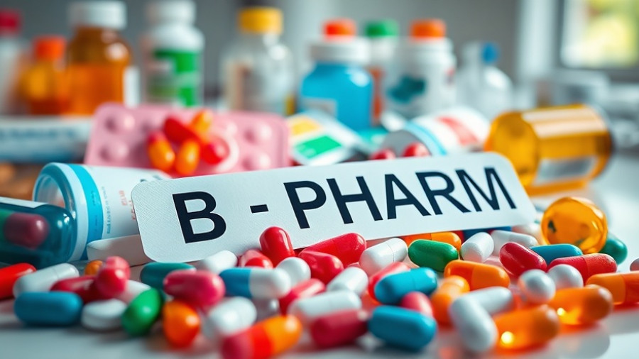 Assorted pills and B PHARM text, illustrating B.Pharm seat fill-up in Telangana.