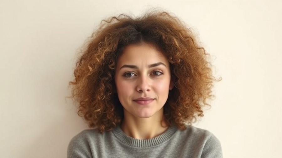 Curly-haired woman discussing anxiety calmly.