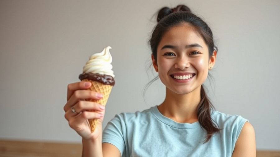 Woman smiling with ice cream graphic, discussing fluoride's impact on IQ.