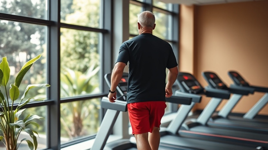 Man walking backward on treadmill for longevity in a bright gym.
