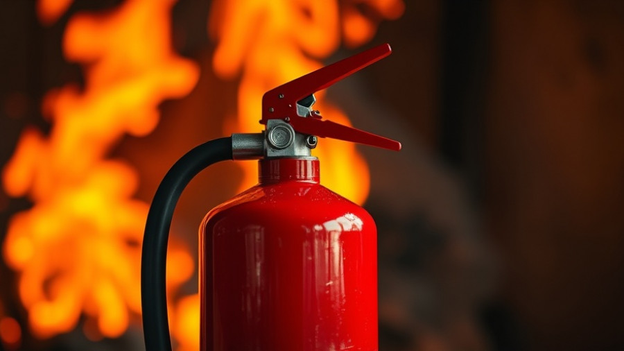 Fire extinguisher close-up with flames in background symbolizes fire at Alambagh Railway Hospital.