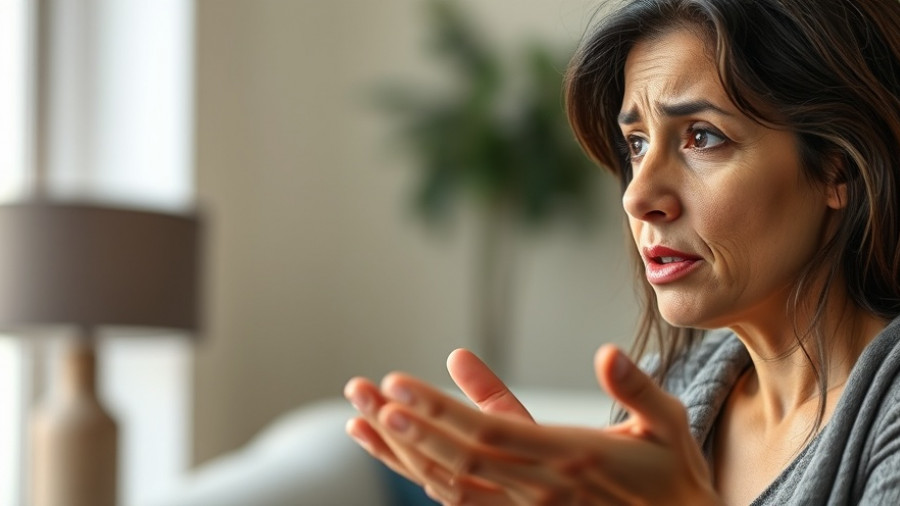 Concerned woman explaining flight response anxiety indoors.