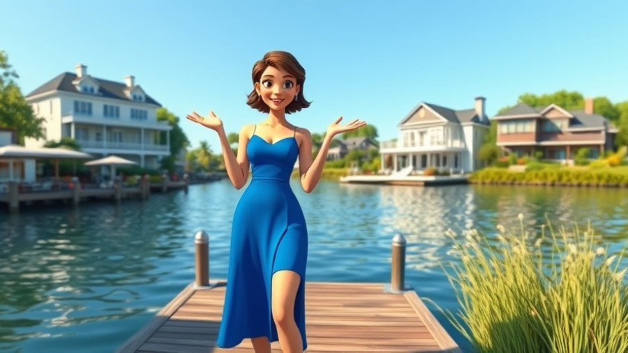 Young woman discussing waterfront property renovation by tranquil river.