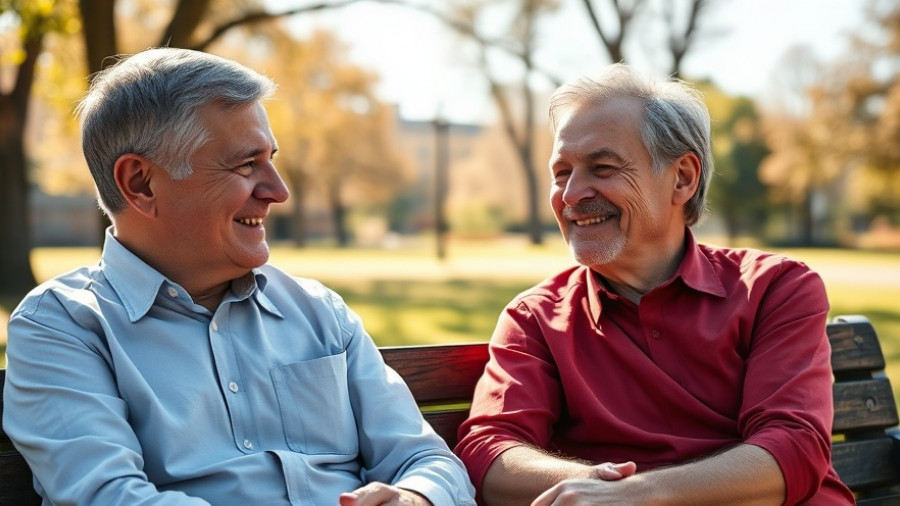 Two men, one older and one younger, conversing happily about over-saving in retirement.