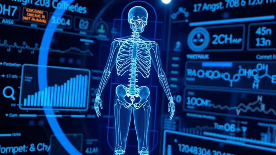 Digital twins in bone health concept with a futuristic skeleton.