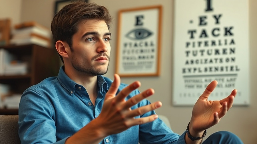 Young man gesturing air quotes with surprising dry eye test results.