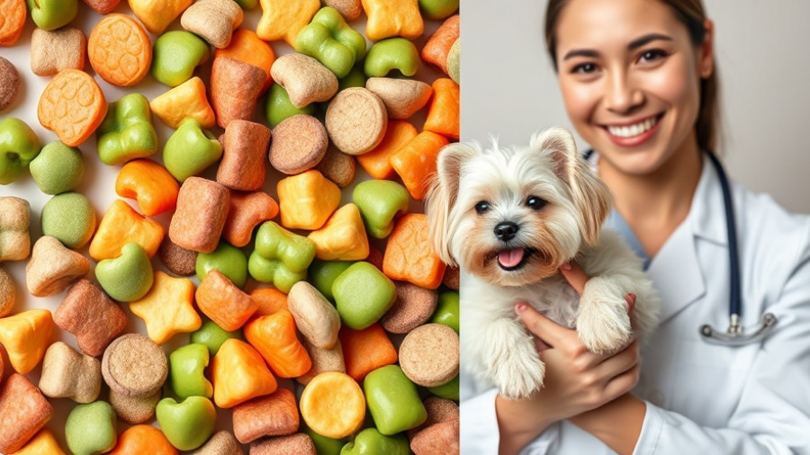 Colorful pet food kibble and veterinarian with dog, live Q&A session on DCM.