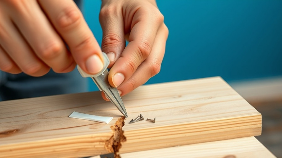 Repair broken wood using glue and staples close-up process.