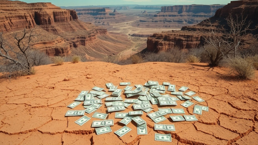 Cracked earth with dollar bills in a desert, liquidity for millionaires.