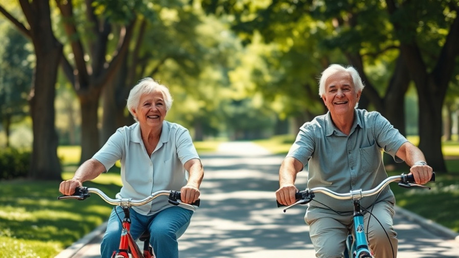 Elderly couple bicycling in a sunlit green park, promoting knee osteoarthritis exercise benefits.