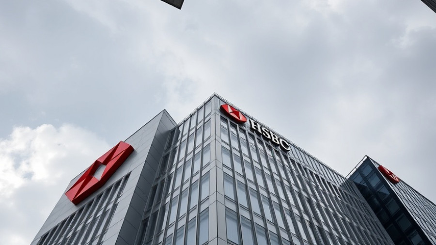 HSBC building with logo against cloudy sky, highlighting structural design, HSBC profits fall concept.