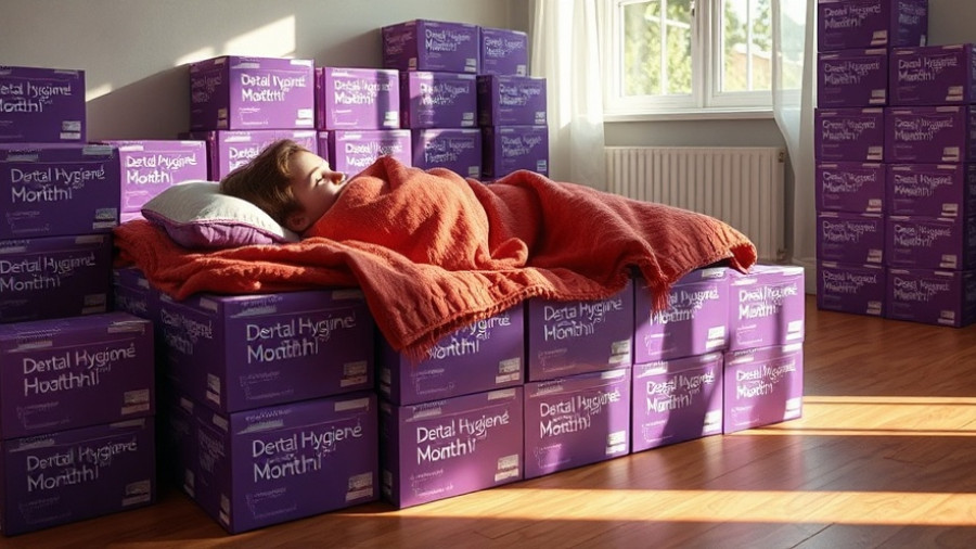 Morning scene with person on bed of Dental Hygiene Month boxes, emphasizing importance.