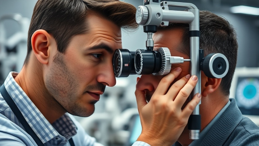 Optometrist adjusts phoropter on patient for eye exam. Blindness Awareness Month.