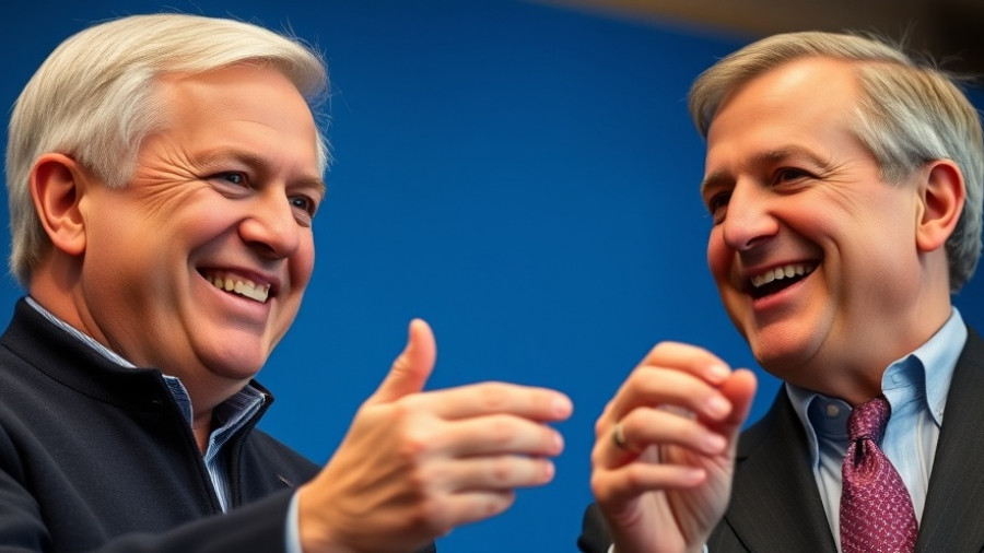 Two leaders gesturing and smiling at a formal event.