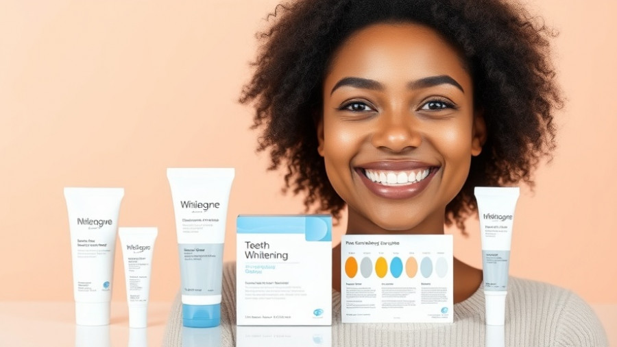 Smiling woman with teeth whitening products, bright background