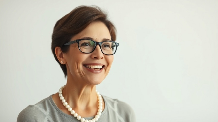 Woman discussing diabetes, wearing glasses and pearls.