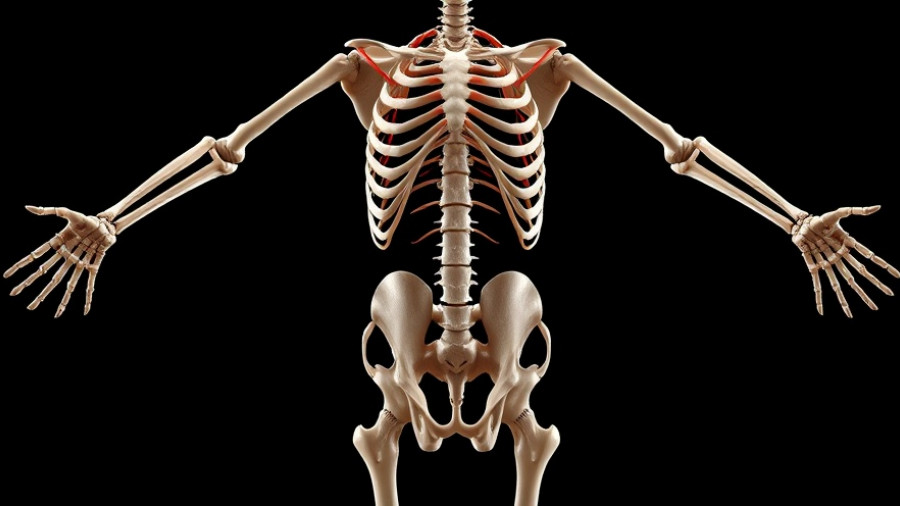 Detailed anatomical illustration of a human skeleton with musculature.