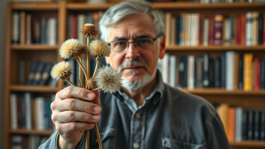 Man demonstrating dried dandelion root as a common plant to heal pets.