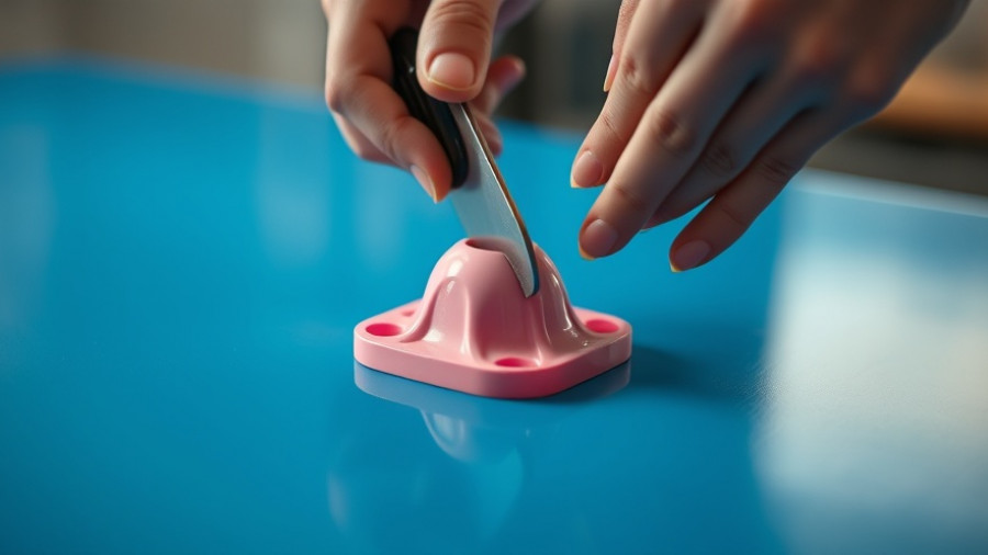 Close-up of DIY plastic door stopper creation on a blue surface.