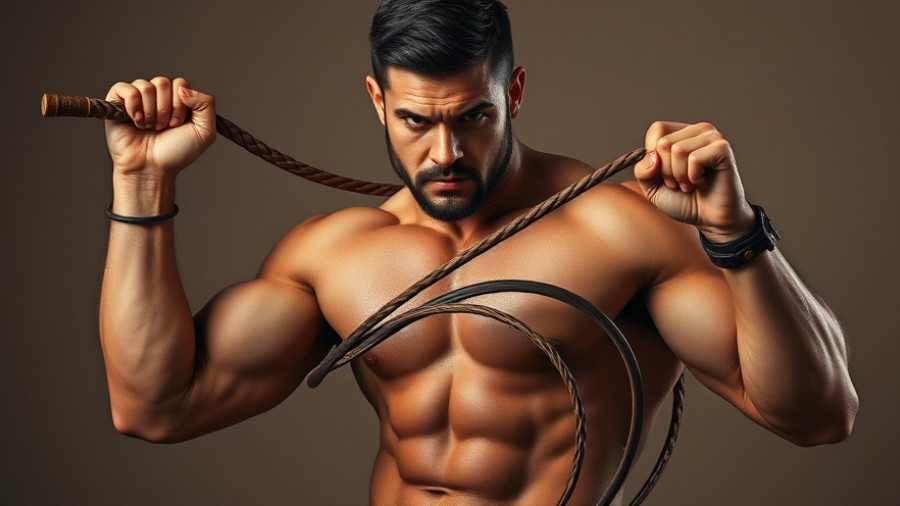 Muscular man with a whip, symbolizing endurance and resilience for building wealth.