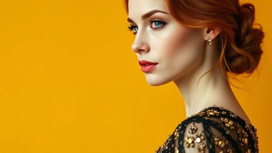 Elegant woman in black and gold dress against a mustard background.