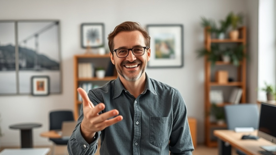 Person gesturing in an office with art in background, discussing VA interest rate reduction loan.