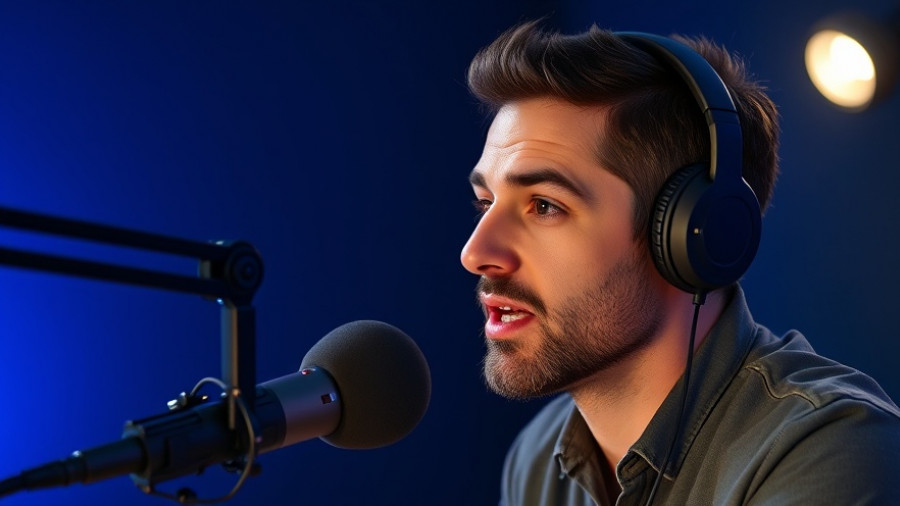 Confident man discussing roofing business success in a podcast studio.