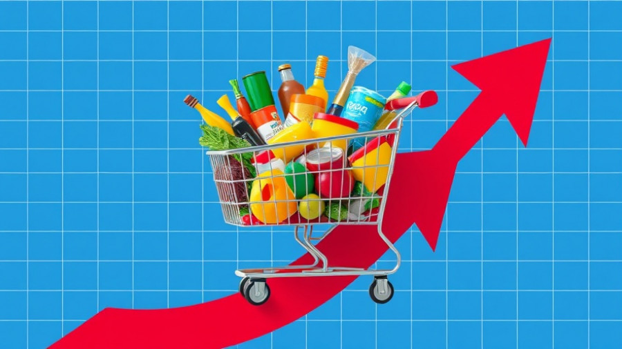 Vibrant shopping cart on upward arrow, illustrating why grocery prices are high.