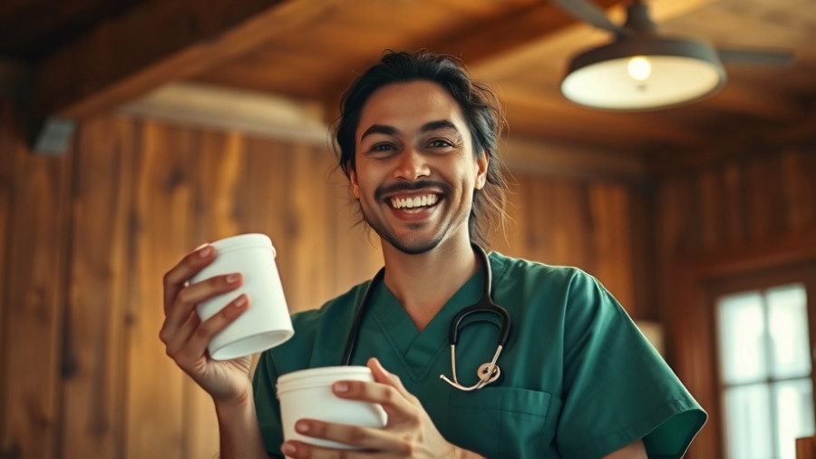 Veterinarian explaining pet care with a container, cinematic photo.