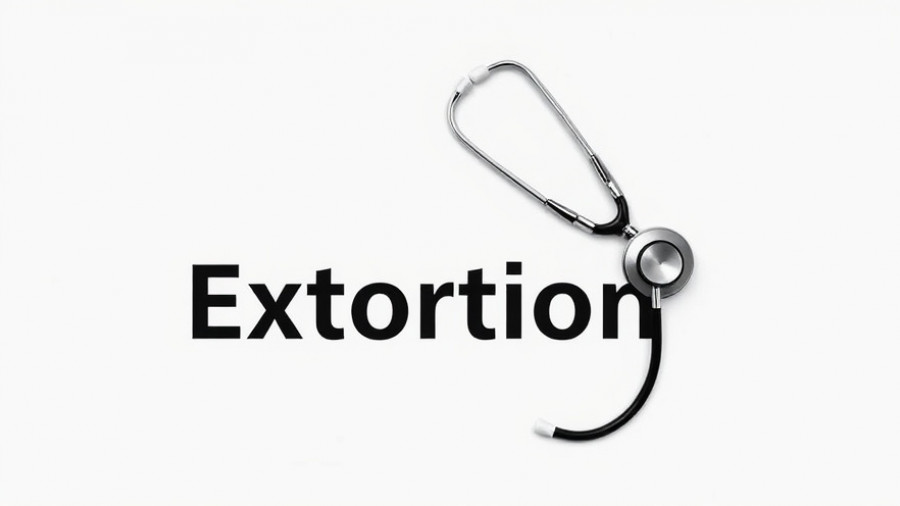 Stethoscope and word 'Extortion' on white background, Kolkata doctor extortion threat.