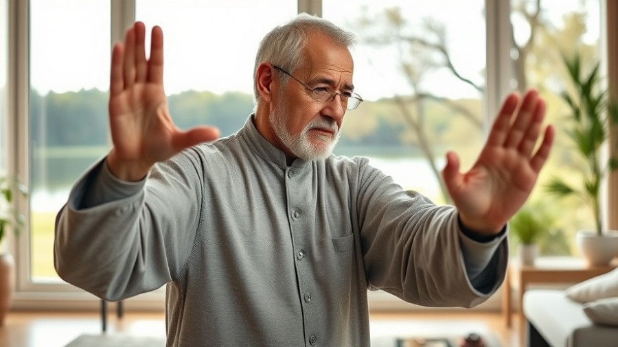 Older man practicing Tai Chi indoors for an online program on knee osteoarthritis.