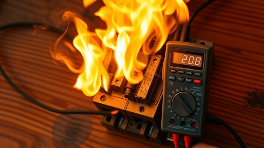 Dangerous knockoff circuit breaker risks with fire and multimeter.