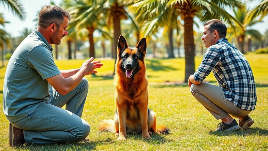 Man teaching German Shepherd to lay down on command in sunny park.
