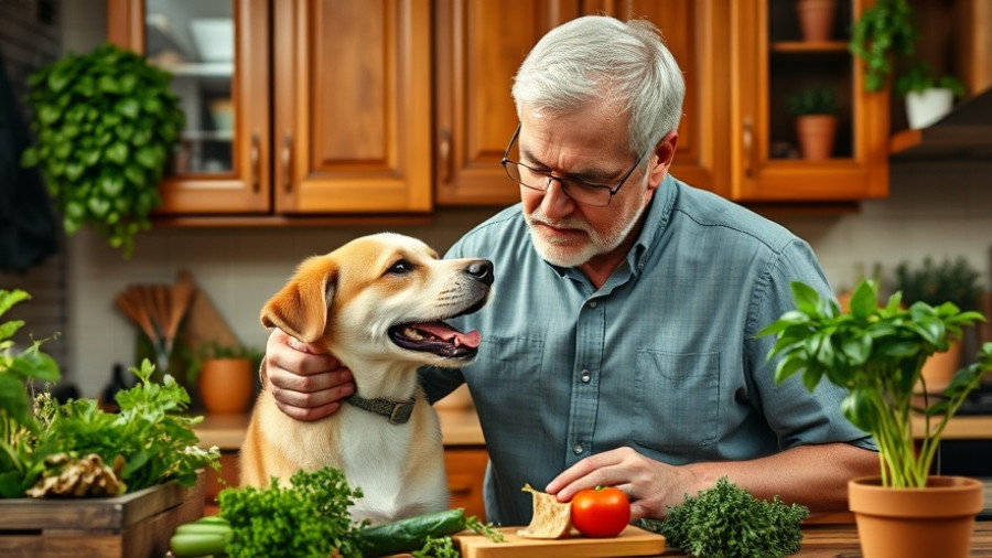 Man feeding dog in kitchen with parsley nearby.