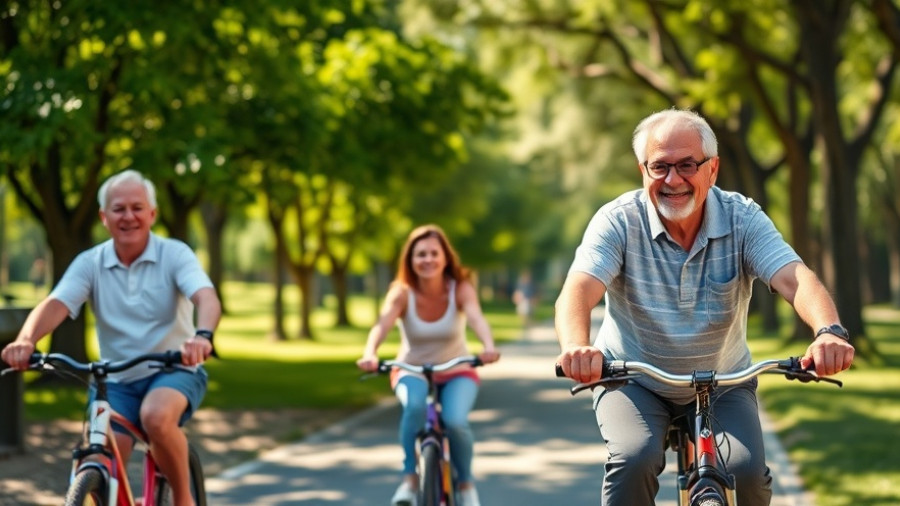 Older adults cycling for aerobic exercise in knee osteoarthritis management, sunny park.