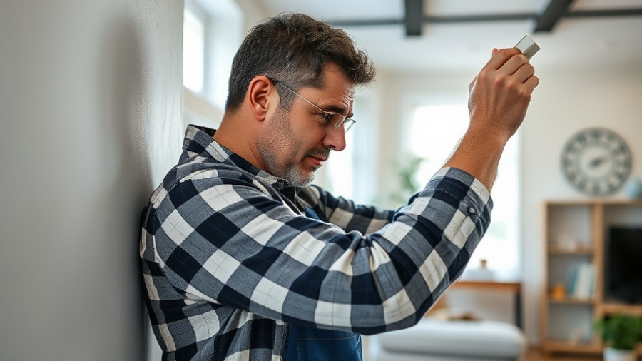 Confident man repairing a wall in a modern living room, home improvement.