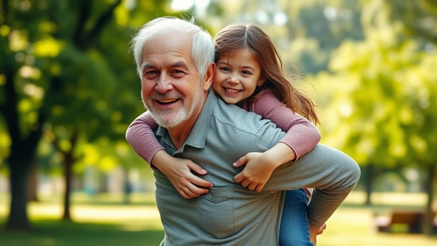 Happy older man giving a piggyback ride to a young girl in a park