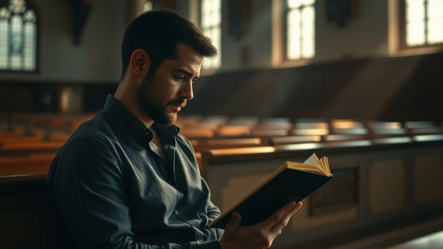 Thoughtful man in empty church reading book.