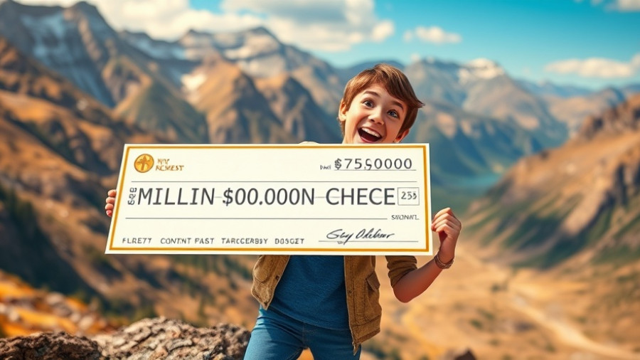 Cheerful person with a million-dollar check in a mountain scene
