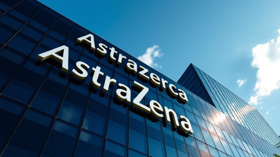 AstraZeneca building sign against a blue sky reflecting on windows.